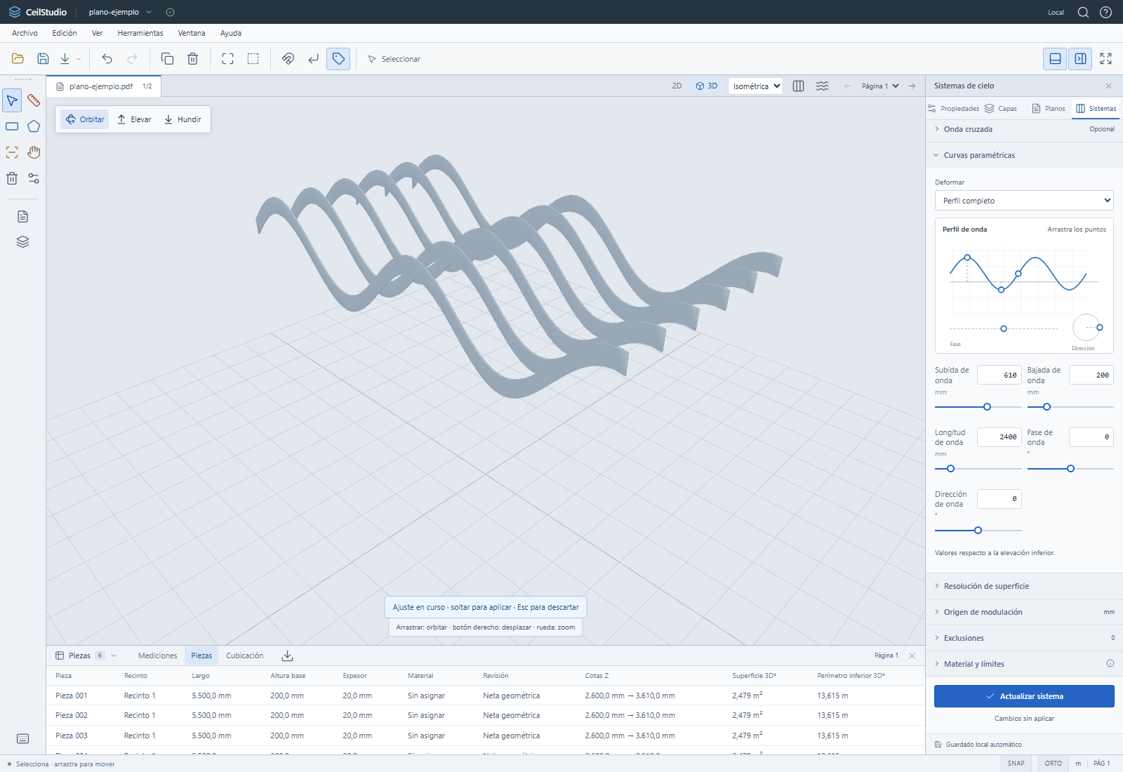 CeilStudio: sistema de baffles con onda paramétrica en vista isométrica, con panel de curvas y tabla de piezas