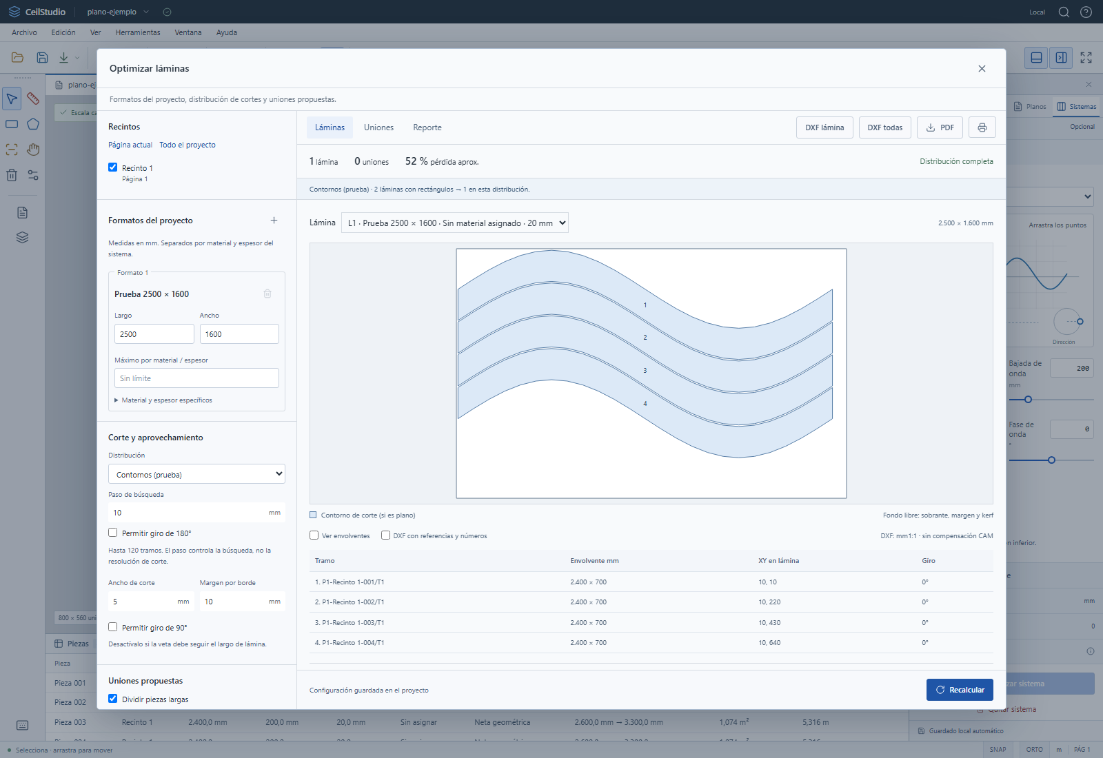 Optimización de láminas con lamas onduladas anidadas y tabla de tramos